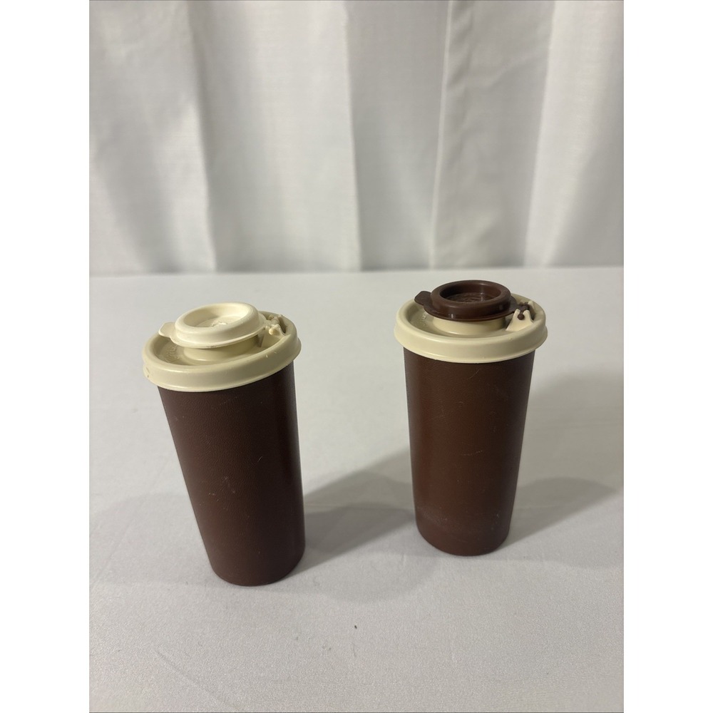 Vintage Tupperware 1970's Brown & Tan Salt & Pepper Shakers Flip-Top Lids Retro